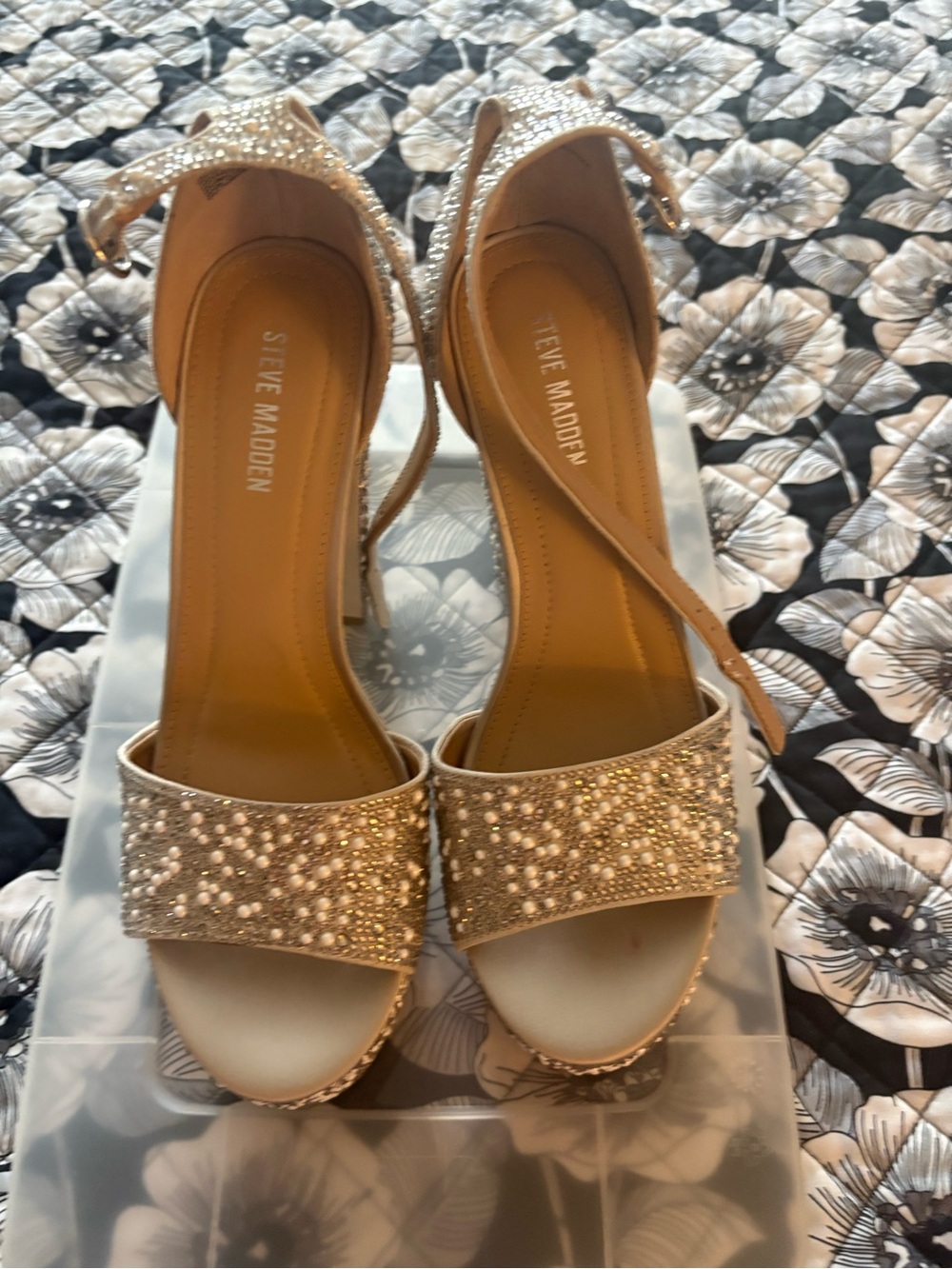 Steve Madden Gold Crystal Embellished Ankle-Strap Block Sandals